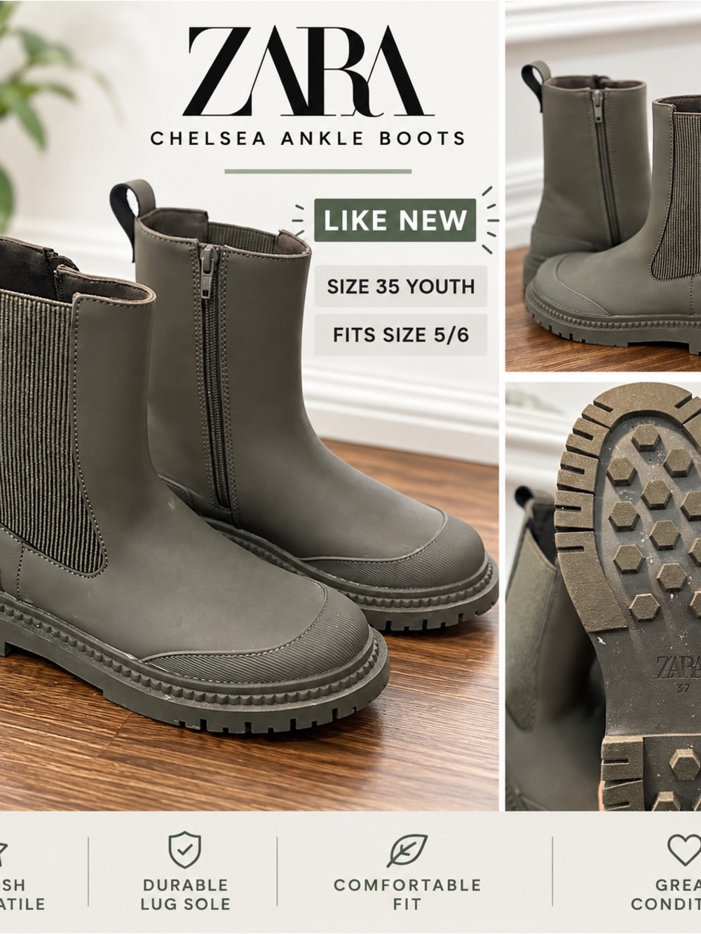 Zara Kids Chelsea Ankle Boots - Olive